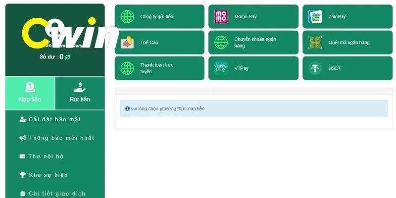 Nạp Tiền Cwin 2 Những kênh thanh toán phổ biến dùng để nạp tiền